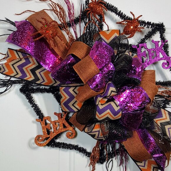 Halloween Orange Black Purple Glittered EEK Black Tinsel Spider Web Wreath - Picture 7 of 12